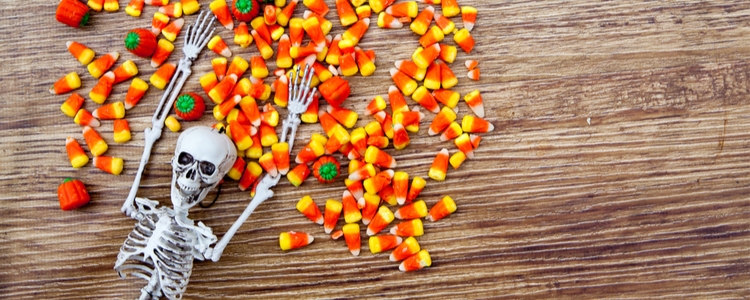 Skeleton with union made Halloween candy corn